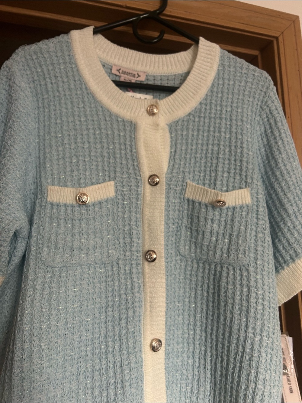 Nanette Lepore Light Blue Sweater Cardigan with Cream Trim and Gold Button